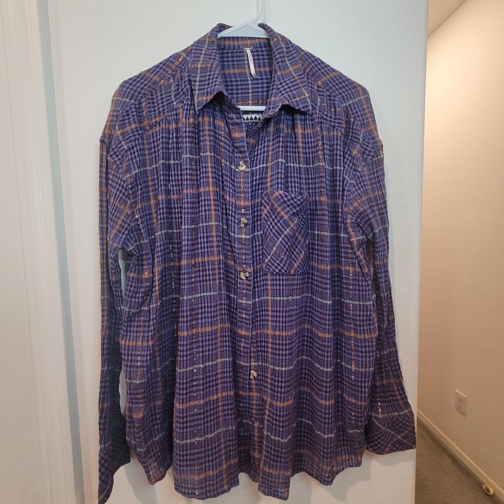Free People Button Down Shirt in Purple and Orange